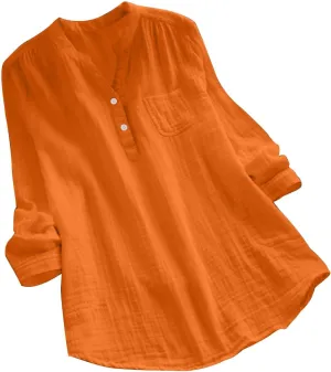 Womens Long Sleeve Button Down Cotton Linen Shirt Blouse Loose Fit Casual V-Neck Tops Breathable Lightweight Shirts