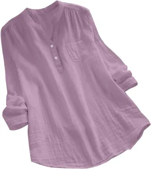 Womens Long Sleeve Button Down Cotton Linen Shirt Blouse Loose Fit Casual V-Neck Tops Breathable Lightweight Shirts