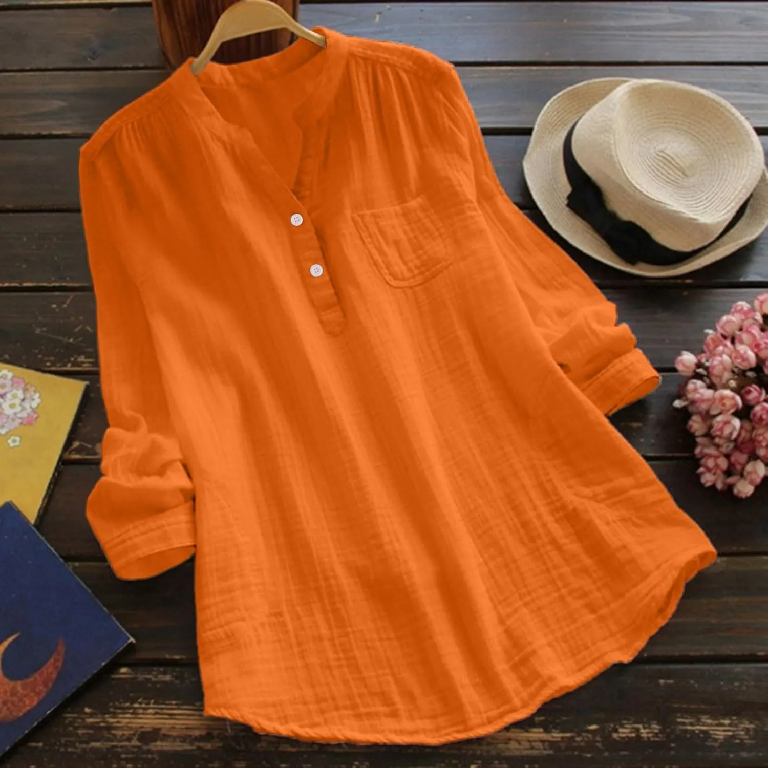 Womens Long Sleeve Button Down Cotton Linen Shirt Blouse Loose Fit Casual V-Neck Tops Breathable Lightweight Shirts