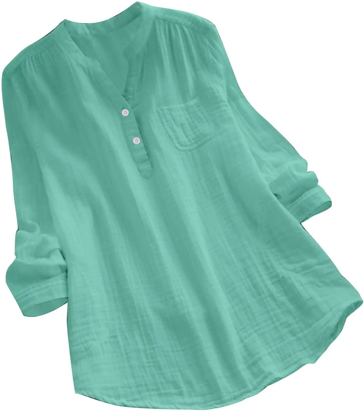 Womens Long Sleeve Button Down Cotton Linen Shirt Blouse Loose Fit Casual V-Neck Tops Breathable Lightweight Shirts