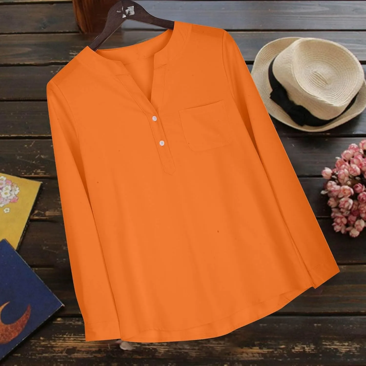 Womens Long Sleeve Button Down Cotton Linen Shirt Blouse Loose Fit Casual V-Neck Tops Breathable Lightweight Shirts