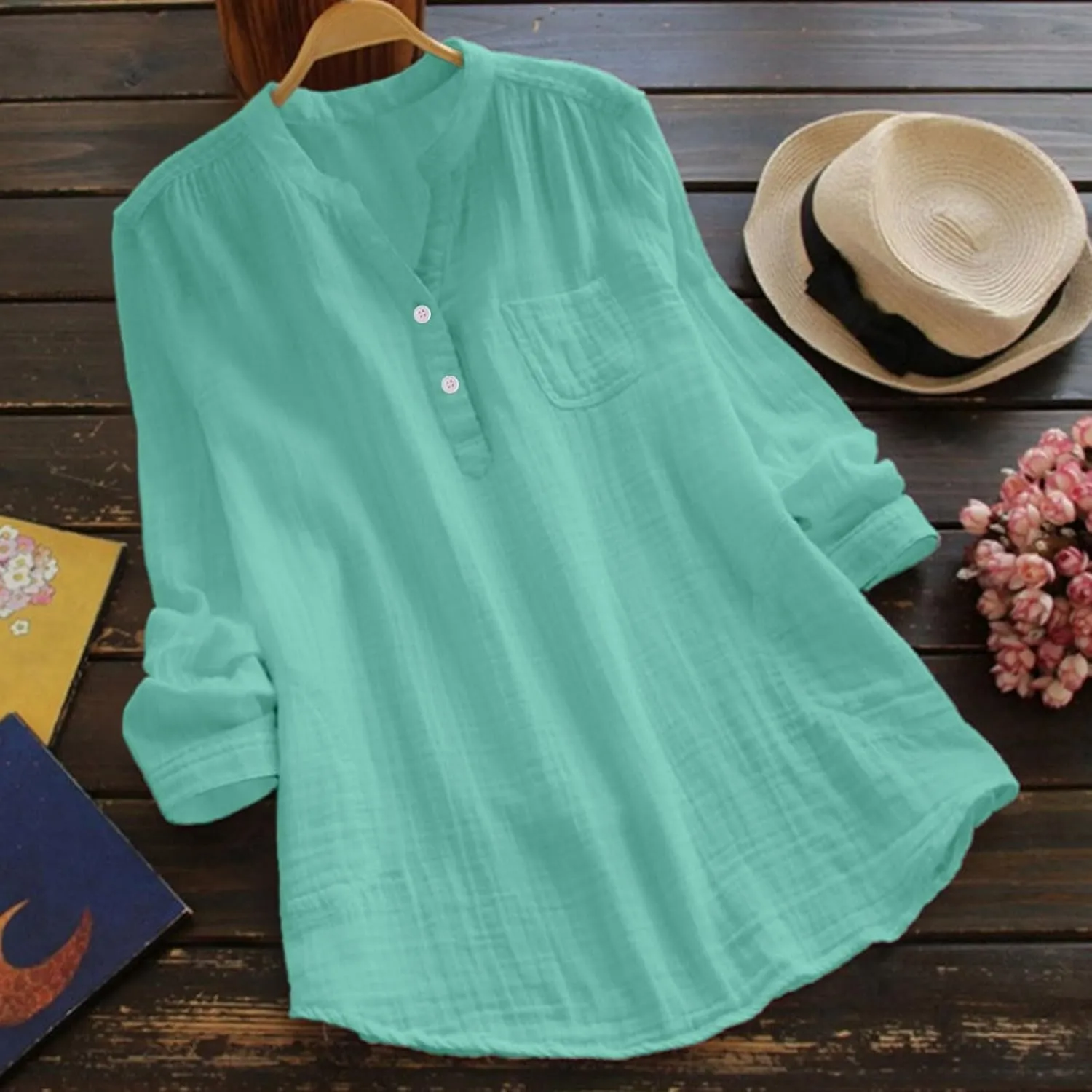 Womens Long Sleeve Button Down Cotton Linen Shirt Blouse Loose Fit Casual V-Neck Tops Breathable Lightweight Shirts