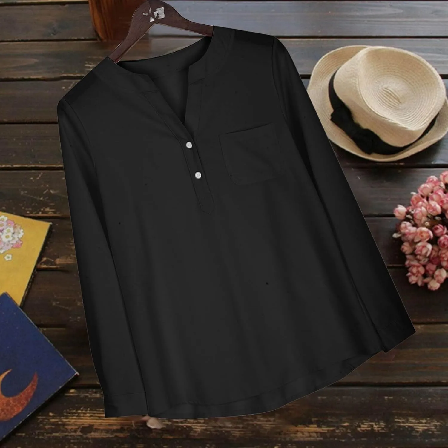Womens Long Sleeve Button Down Cotton Linen Shirt Blouse Loose Fit Casual V-Neck Tops Breathable Lightweight Shirts