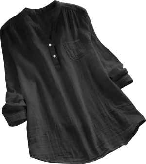 Womens Long Sleeve Button Down Cotton Linen Shirt Blouse Loose Fit Casual V-Neck Tops Breathable Lightweight Shirts