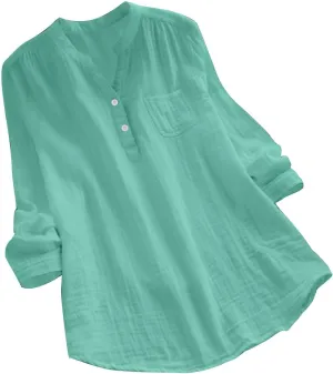 Womens Long Sleeve Button Down Cotton Linen Shirt Blouse Loose Fit Casual V-Neck Tops Breathable Lightweight Shirts