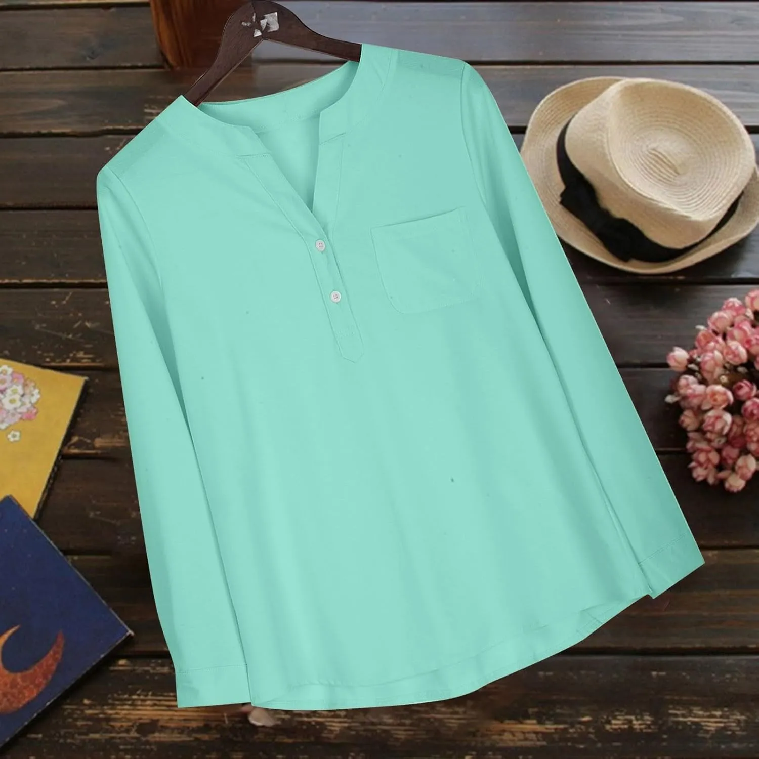 Womens Long Sleeve Button Down Cotton Linen Shirt Blouse Loose Fit Casual V-Neck Tops Breathable Lightweight Shirts