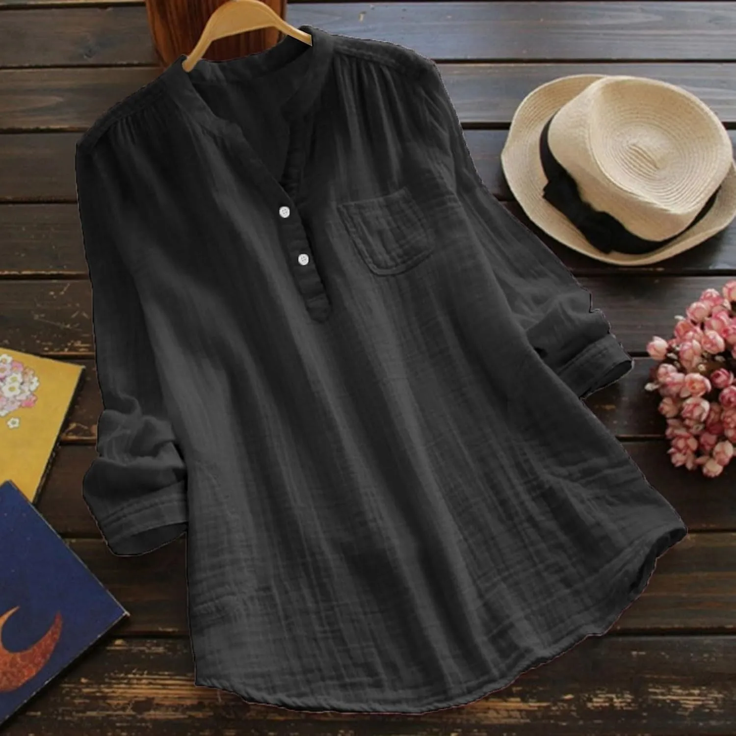Womens Long Sleeve Button Down Cotton Linen Shirt Blouse Loose Fit Casual V-Neck Tops Breathable Lightweight Shirts