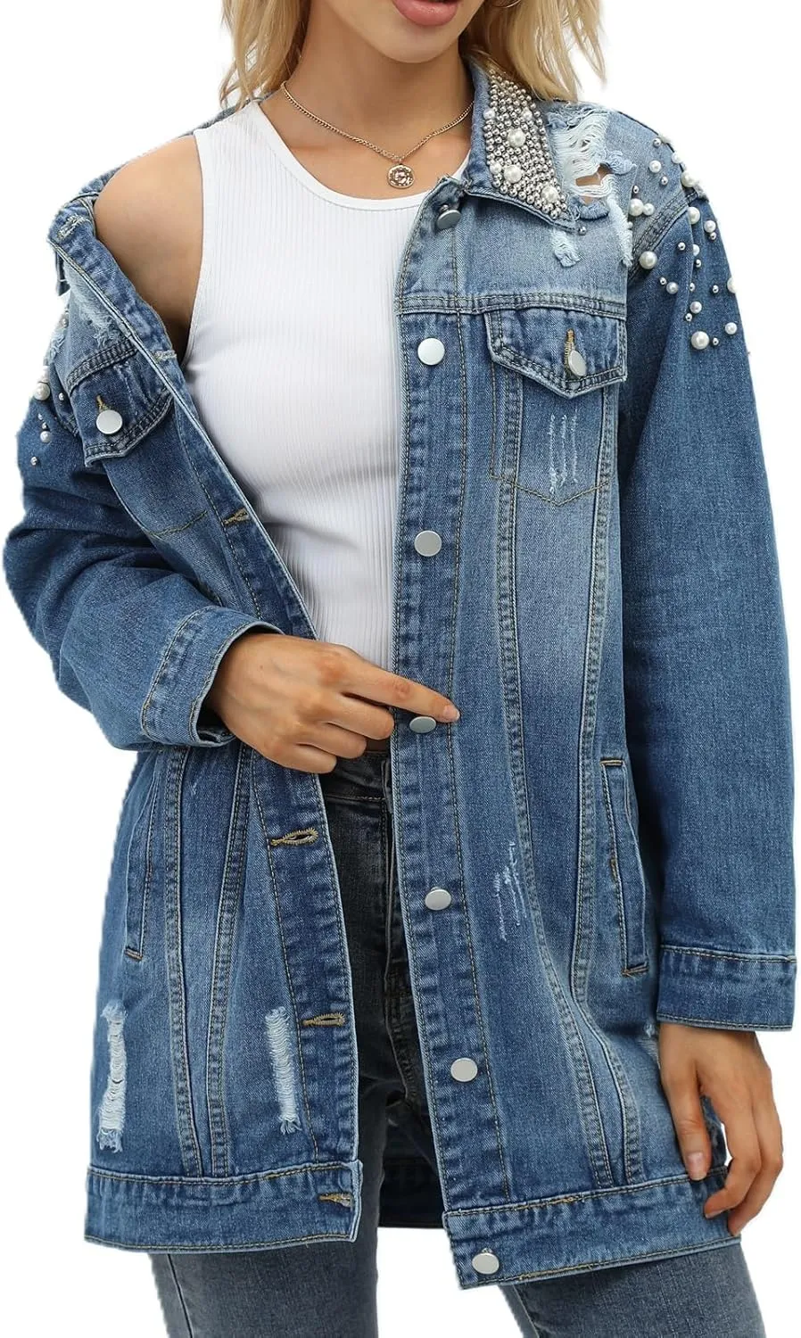 Women's Long Sleeve Button Down Pearl Jean Jacket Boyfriend Long Denim Coat