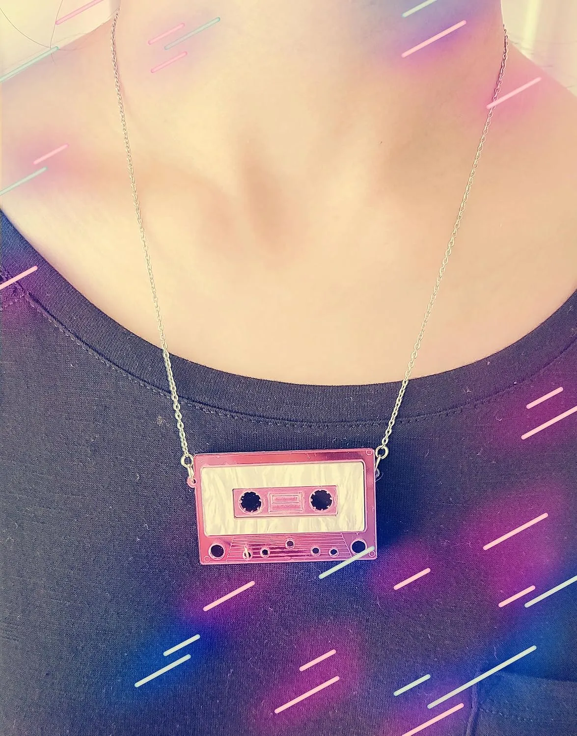 Womens Mens Retro 1980s Music Cassette Music Tape Pendant Vintage Style Costume Novelty Chain Necklace