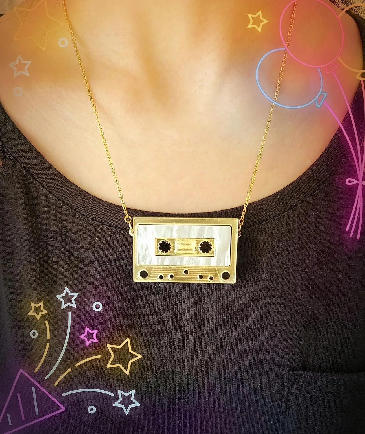 Womens Mens Retro 1980s Music Cassette Music Tape Pendant Vintage Style Costume Novelty Chain Necklace