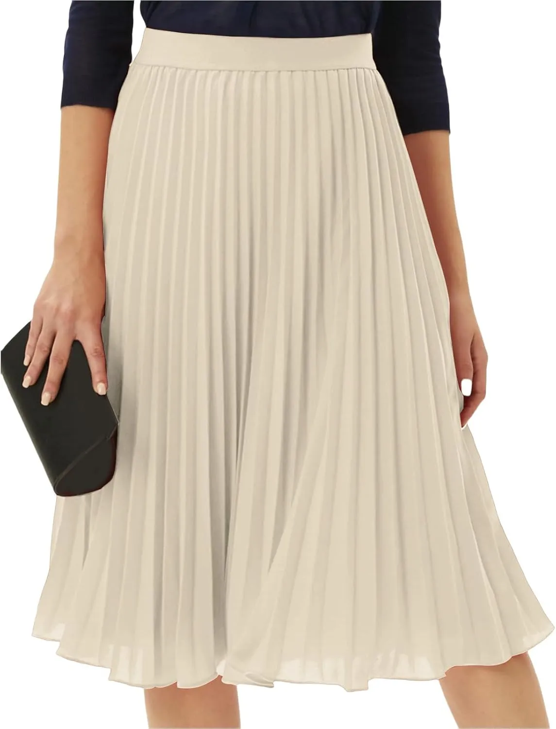 Womens Pleated Skirt Elastic High Waist Midi Skirts A Line Casual Flowy Skirts Knee Length Skirt Vacation Clothing