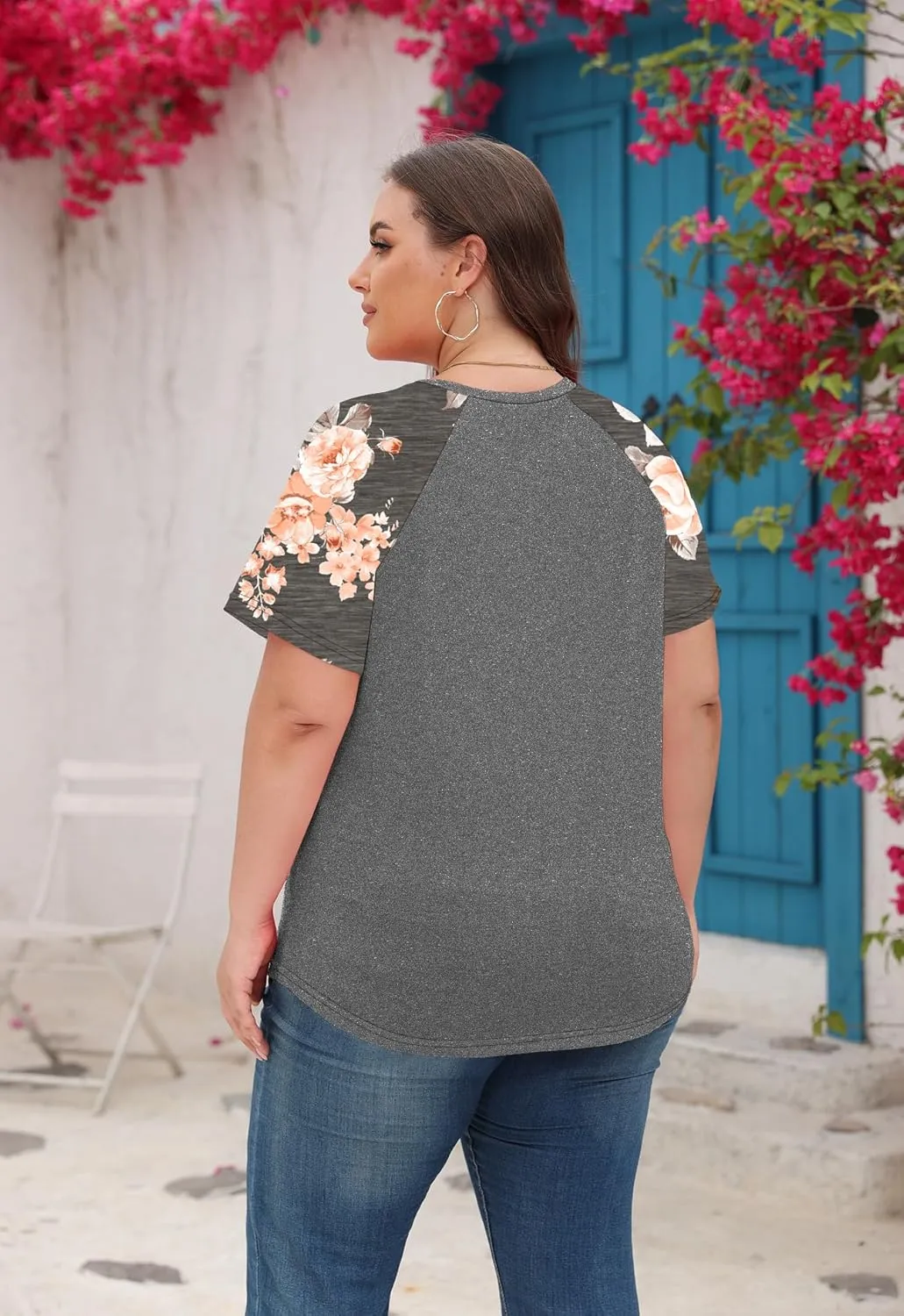 Women's Plus Size Tops Summer V Neck Short Sleeve Raglan T Shirts Casual Blouses Tops