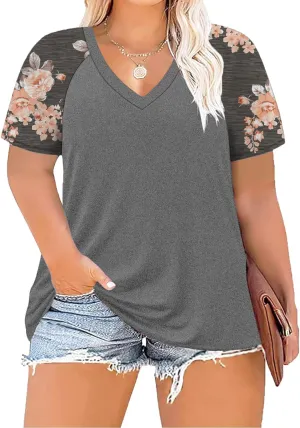 Women's Plus Size Tops Summer V Neck Short Sleeve Raglan T Shirts Casual Blouses Tops