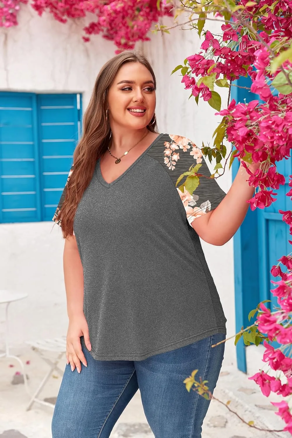 Women's Plus Size Tops Summer V Neck Short Sleeve Raglan T Shirts Casual Blouses Tops