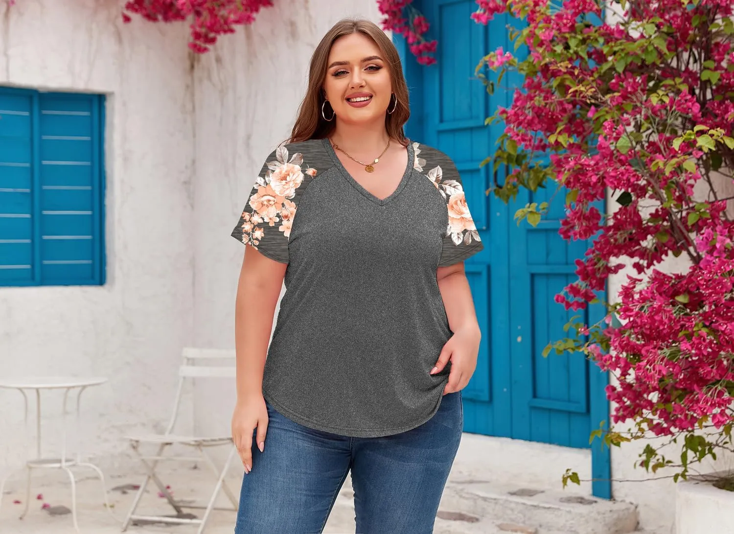 Women's Plus Size Tops Summer V Neck Short Sleeve Raglan T Shirts Casual Blouses Tops