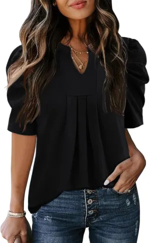 Women's Puff Short Sleeve Shirt V Neck Summer Tops Casual Fashion T Shirts Loose Fit Blouses