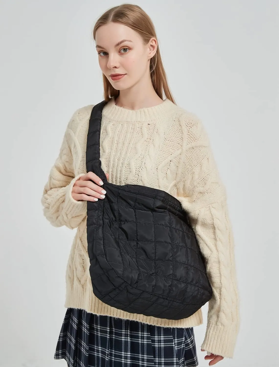 Women's Quilted Shoulder Bag Padded Tote Bag Large Capacity Hobo Purse Lightweight Nylon Padding Handbag