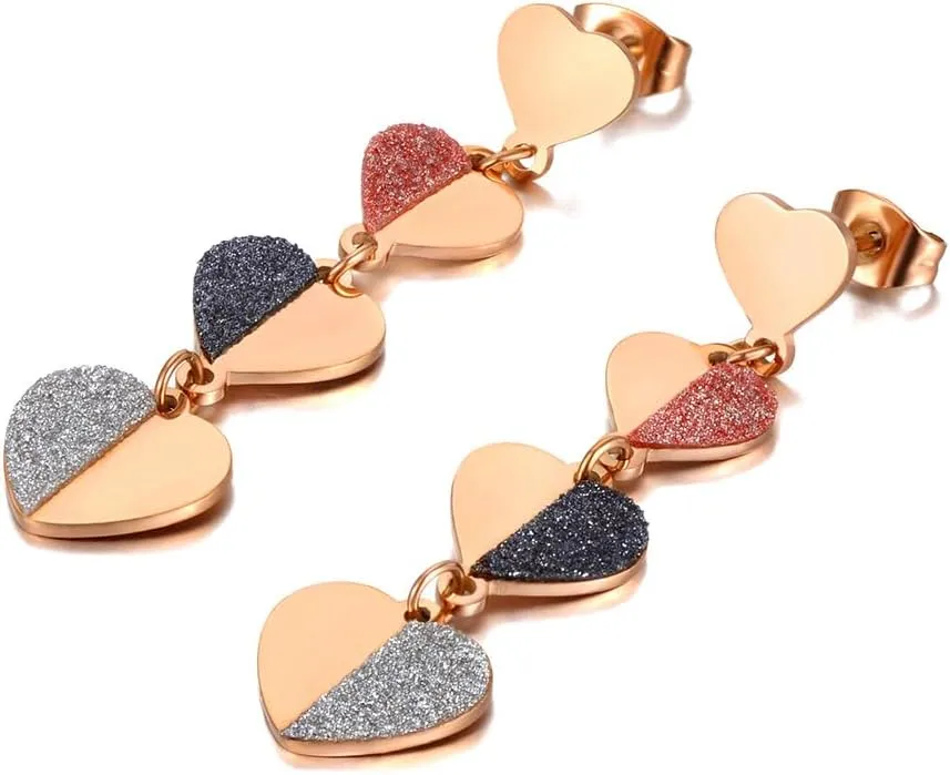 Women's Rose Gold Plated Stainless Steel 4-Heart Cascade Dangle Earrings, Textured Accents