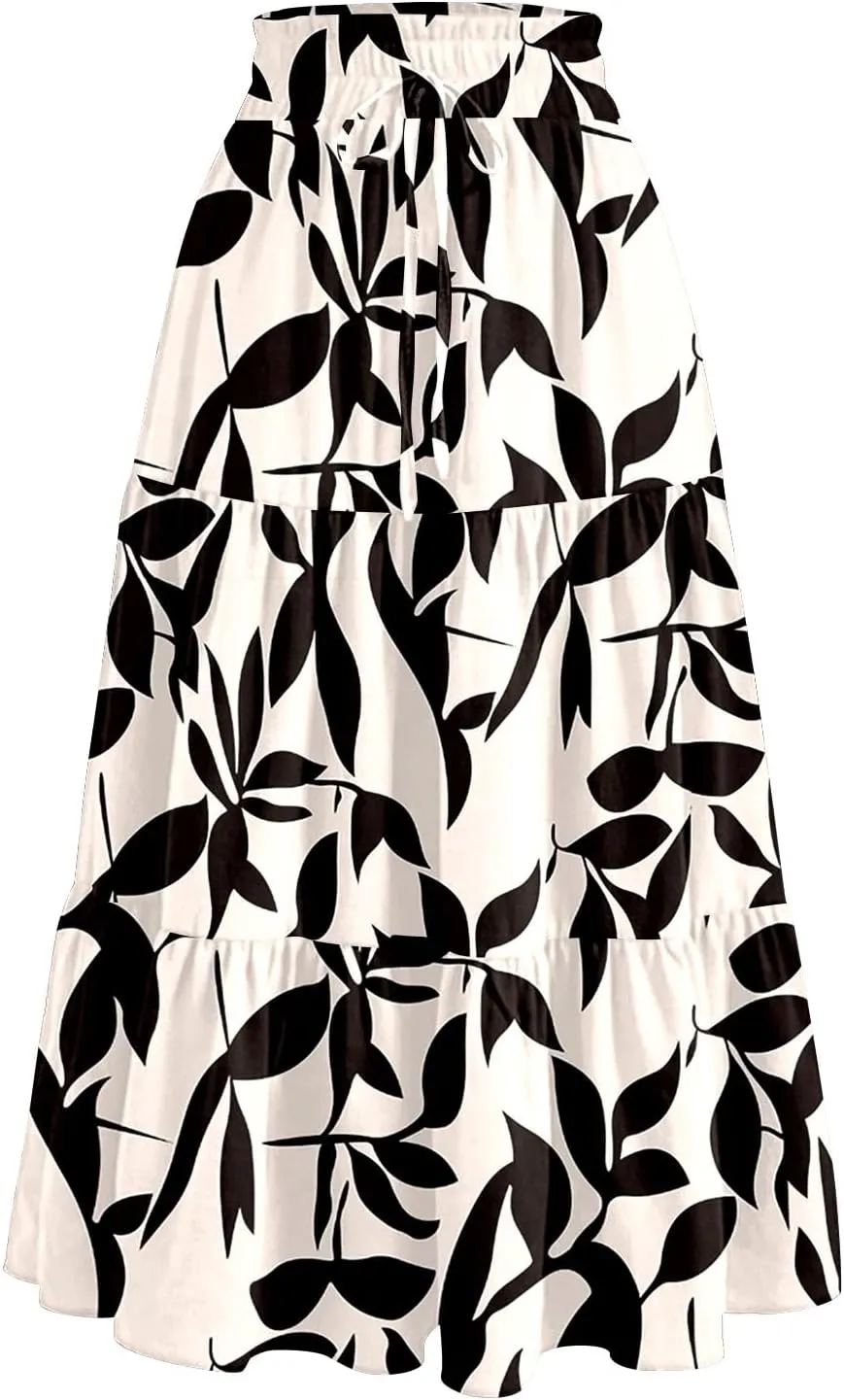 Womens Ruffled Tiered Floral Midi Skirts Casual High Waist Flowy Swing Dress 2025 Summer Boho Long Skirt with Pockets