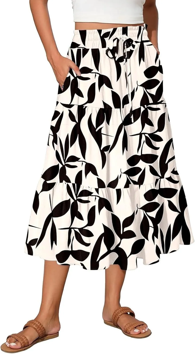 Womens Ruffled Tiered Floral Midi Skirts Casual High Waist Flowy Swing Dress 2025 Summer Boho Long Skirt with Pockets