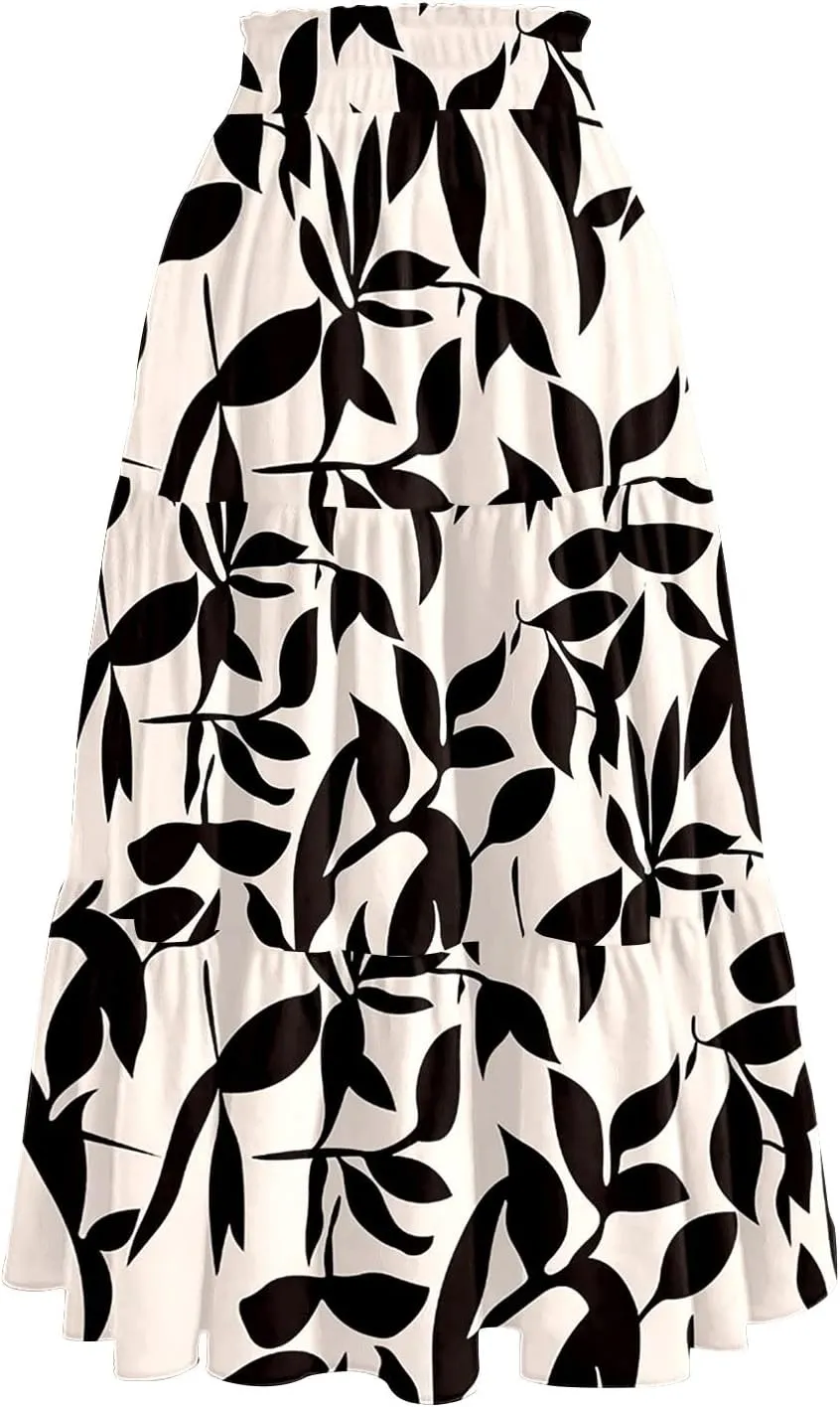 Womens Ruffled Tiered Floral Midi Skirts Casual High Waist Flowy Swing Dress 2025 Summer Boho Long Skirt with Pockets