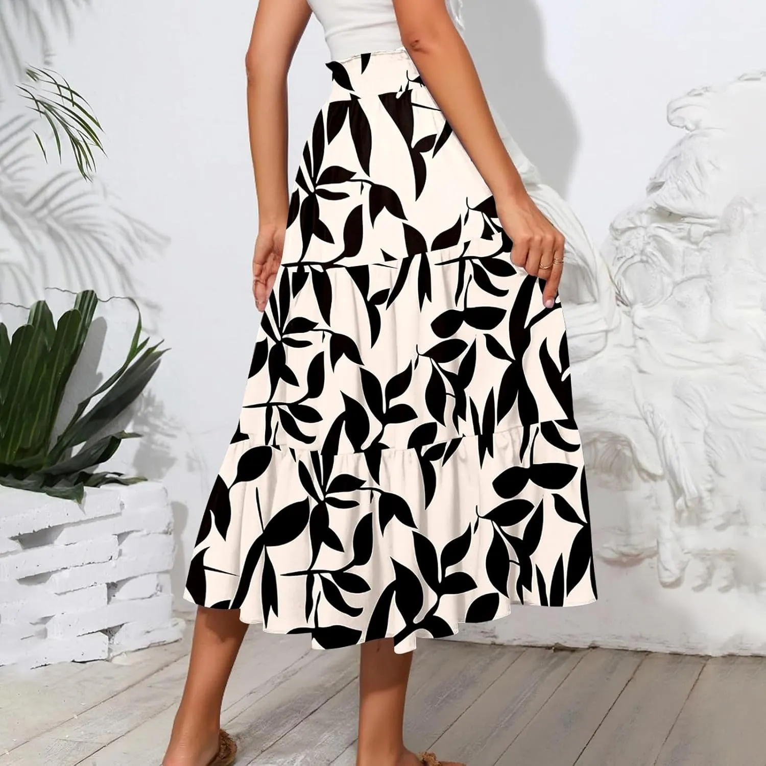 Womens Ruffled Tiered Floral Midi Skirts Casual High Waist Flowy Swing Dress 2025 Summer Boho Long Skirt with Pockets