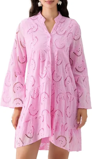Womens Ruffles Boho Dress Floral Eyelet Embroidery Lace Babydoll Loose Swing Long Sleeve Button Short Mini Dress