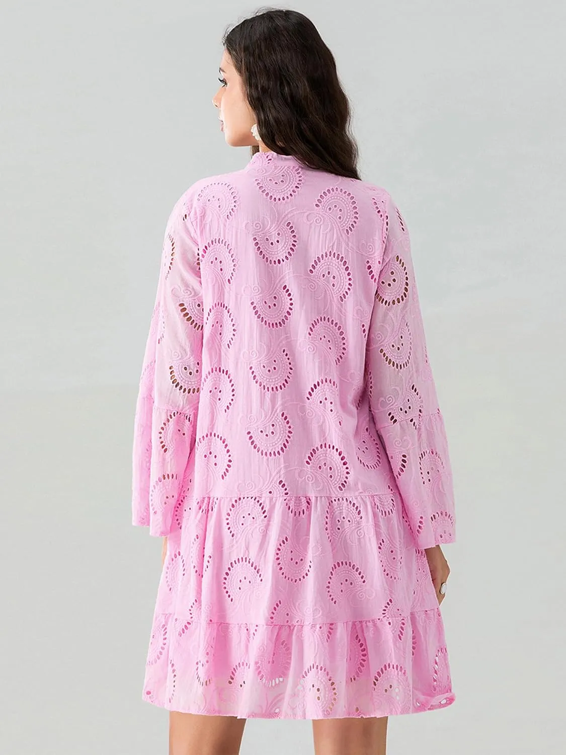 Womens Ruffles Boho Dress Floral Eyelet Embroidery Lace Babydoll Loose Swing Long Sleeve Button Short Mini Dress