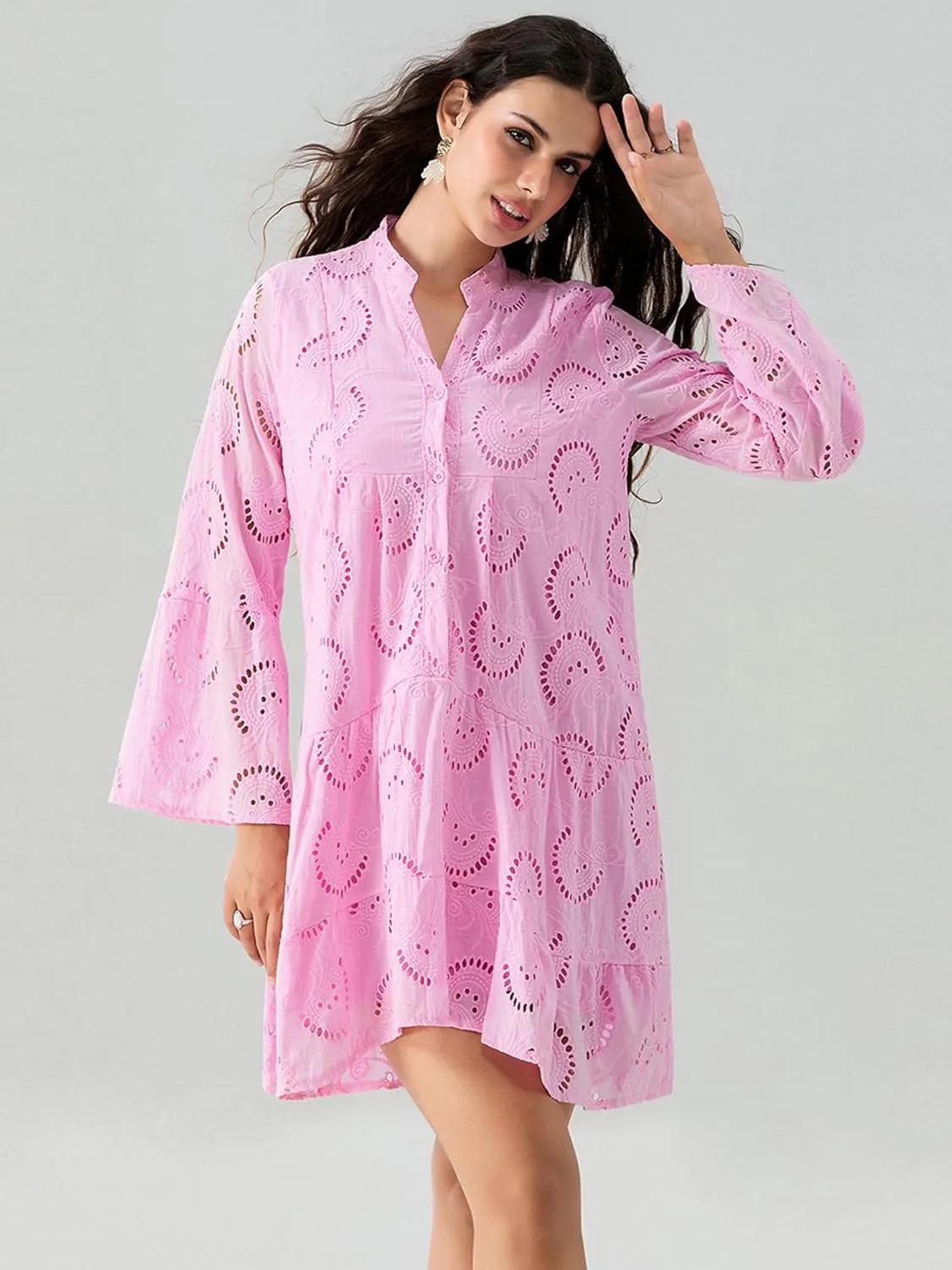 Womens Ruffles Boho Dress Floral Eyelet Embroidery Lace Babydoll Loose Swing Long Sleeve Button Short Mini Dress