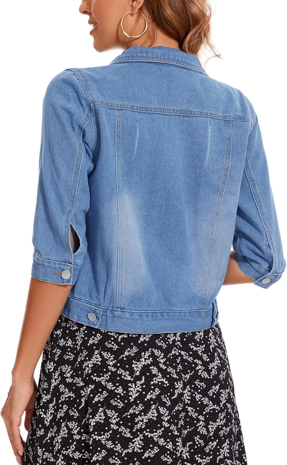 Women's Short Denim Jacket 2025 Lapel Stretch Jean Coat Button Trendy 3/4 Sleeve Cropped Denim Jackets