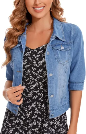 Women's Short Denim Jacket 2025 Lapel Stretch Jean Coat Button Trendy 3/4 Sleeve Cropped Denim Jackets