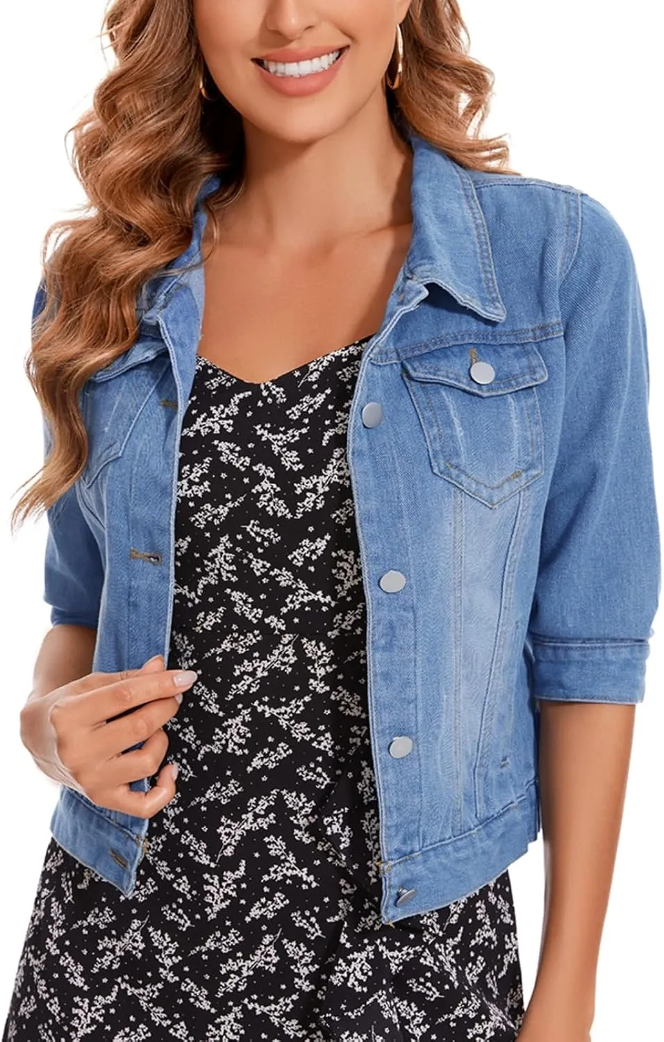 Women's Short Denim Jacket 2025 Lapel Stretch Jean Coat Button Trendy 3/4 Sleeve Cropped Denim Jackets
