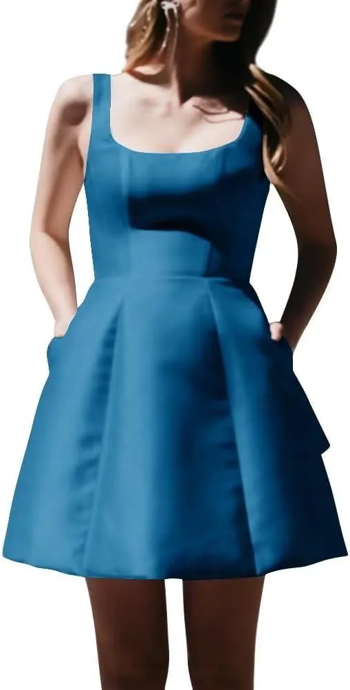 Women's Short Homecoming Dresses Sqaure Neck Satin Wedding Party Mini Cocktail Gowns with Bow Back