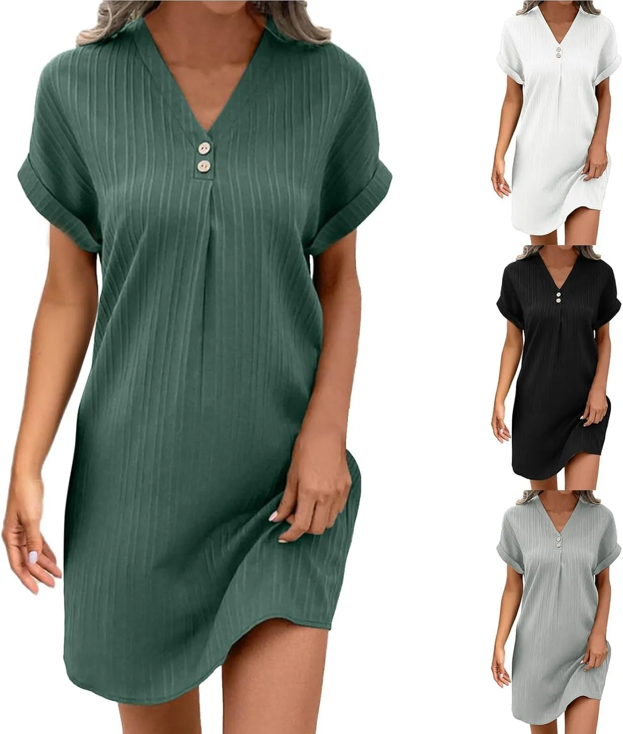 Women's Summer Casual T Shirt Dresses Short Sleeve Button Down Swing Dress, XX-Large, Green