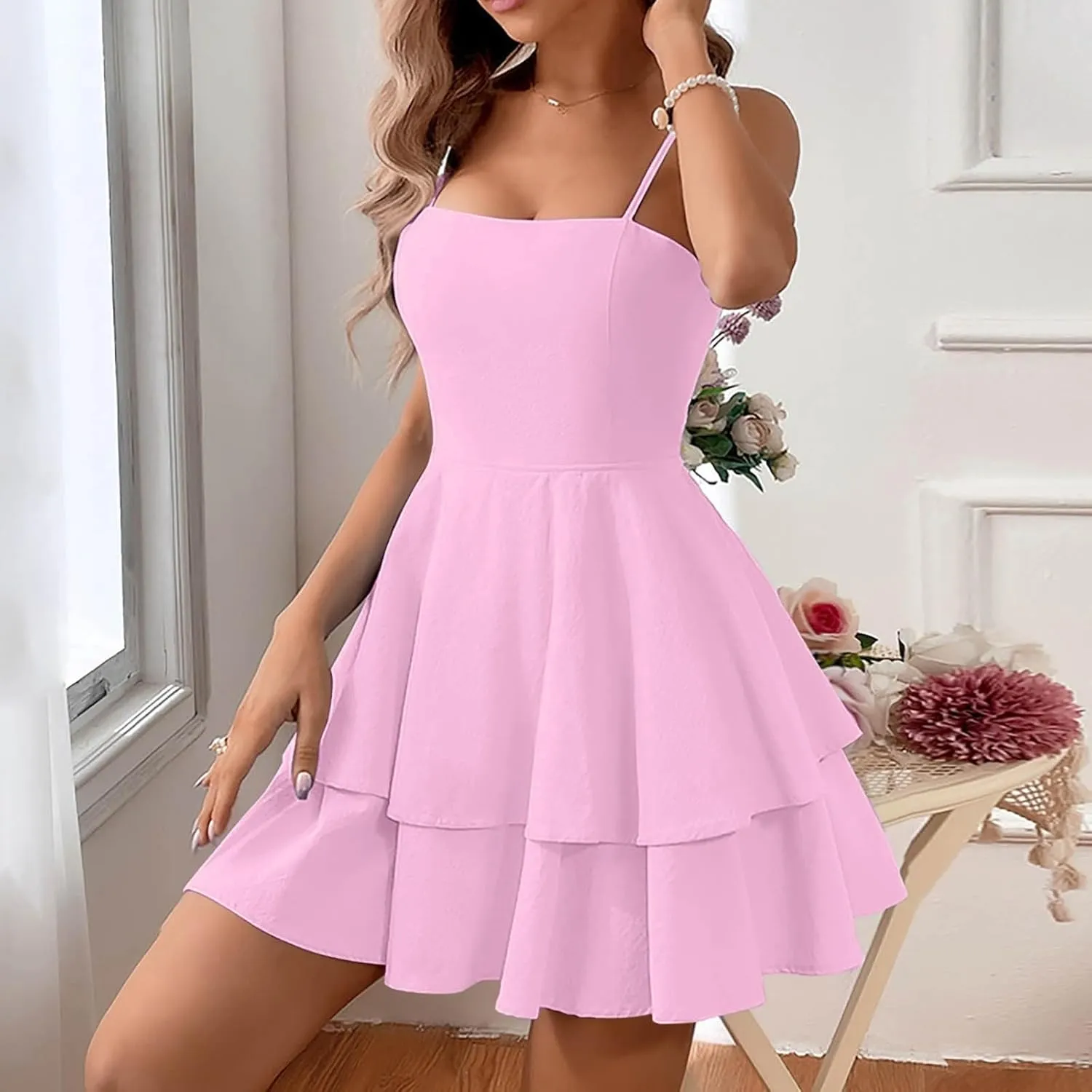 Womens Summer Dress Beach Casual Loose Tshirt Square Neck Strap Mini Dresses Back Bowknot Sun Dresses for Women