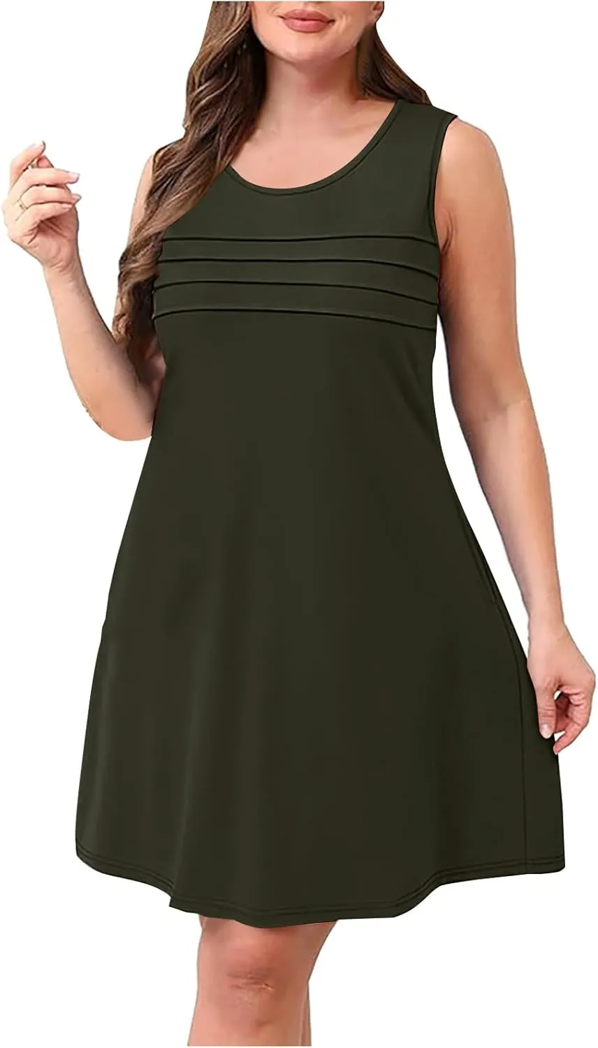 Womens Summer Dresses Casual Sleeveless Fashion Solid Color Dress Loose Fit Pleated Vacation Beach Sundress