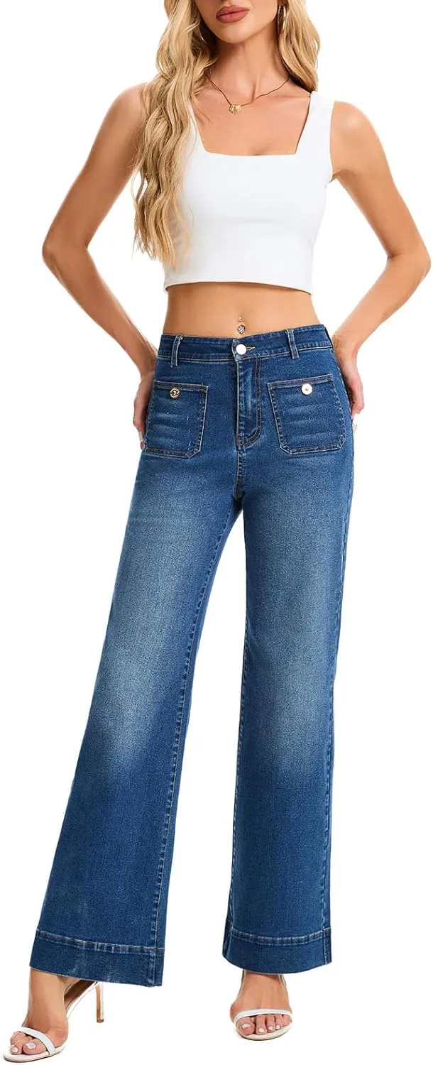 Womens Wide Leg Jeans High Waisted Casual Baggy Jean for Women Stretch Denim Pants with Pockets