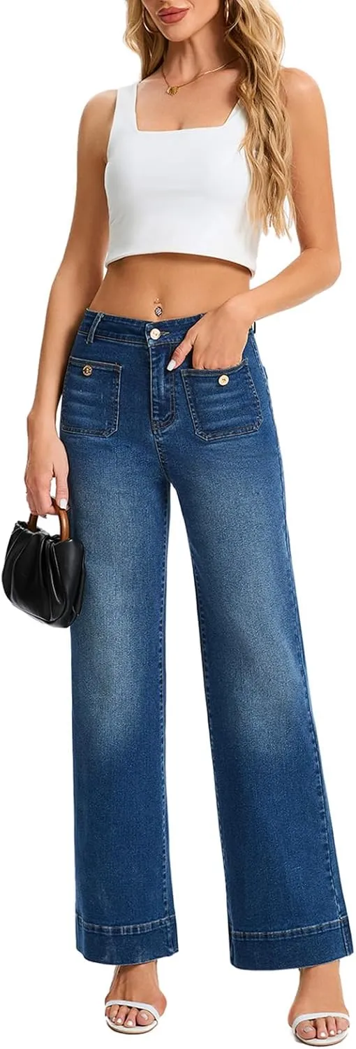 Womens Wide Leg Jeans High Waisted Casual Baggy Jean for Women Stretch Denim Pants with Pockets