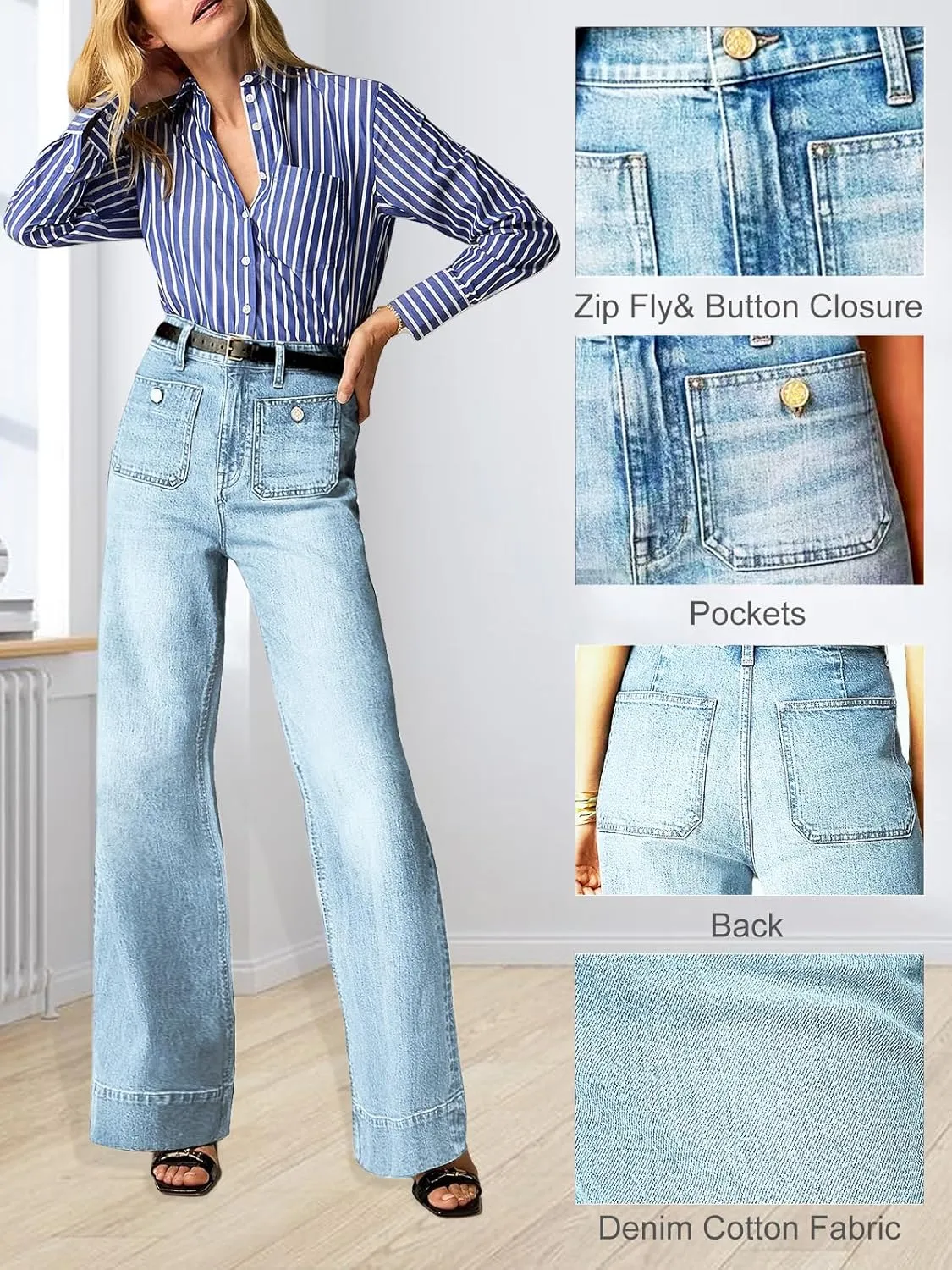 Womens Wide Leg Jeans High Waisted Casual Baggy Jean for Women Stretch Denim Pants with Pockets