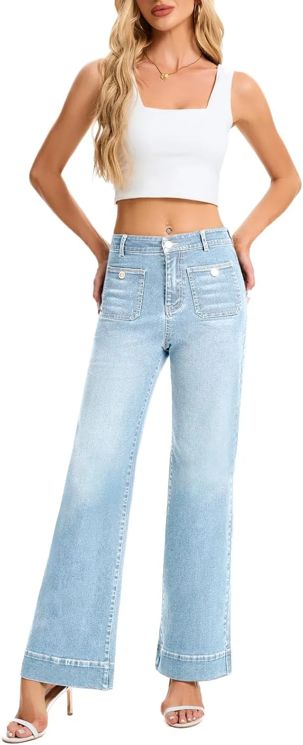 Womens Wide Leg Jeans High Waisted Casual Baggy Jean for Women Stretch Denim Pants with Pockets