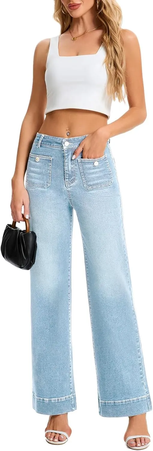 Womens Wide Leg Jeans High Waisted Casual Baggy Jean for Women Stretch Denim Pants with Pockets