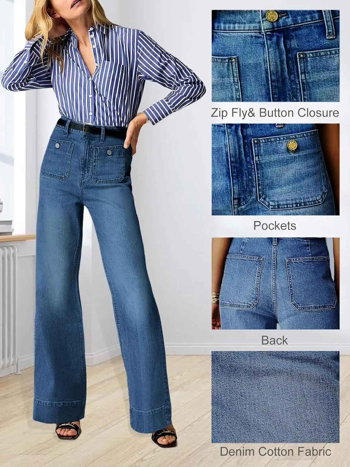 Womens Wide Leg Jeans High Waisted Casual Baggy Jean for Women Stretch Denim Pants with Pockets