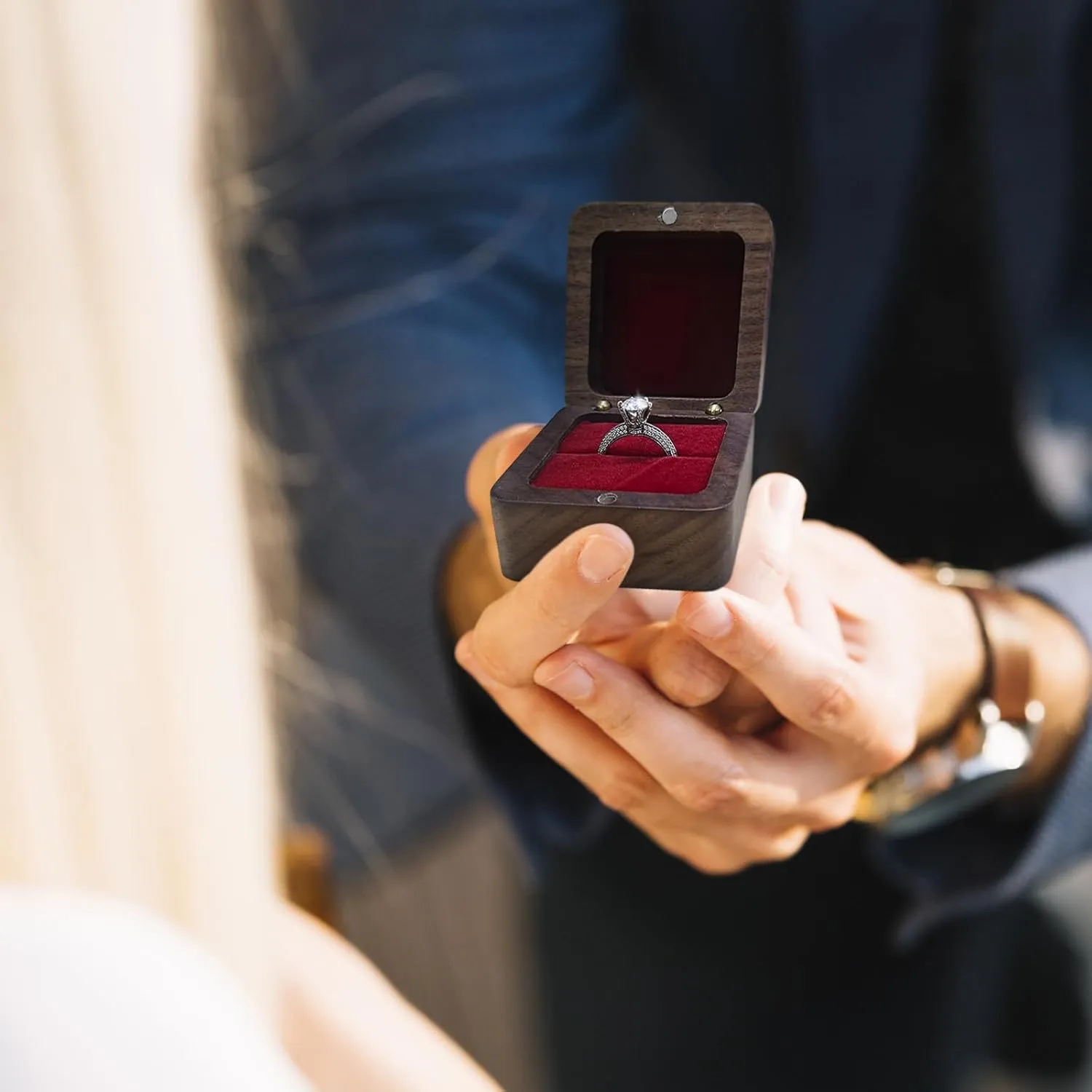 Wooden Ring Box, Square Wedding Holder With Single Slot, Retro Engagement Proposal Box for Ceremony (Red)