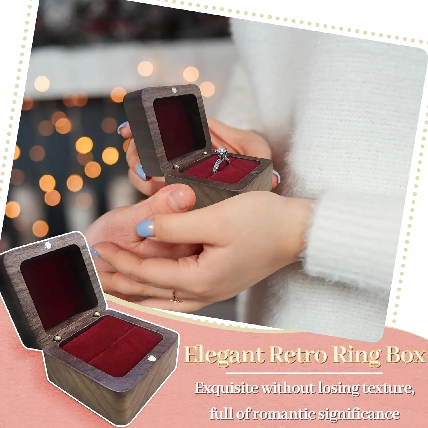 Wooden Ring Box, Square Wedding Holder With Single Slot, Retro Engagement Proposal Box for Ceremony (Red)