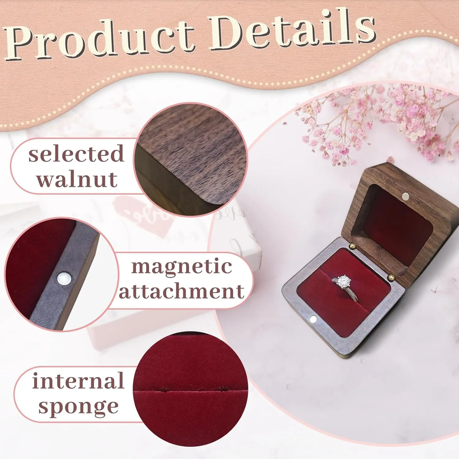Wooden Ring Box, Square Wedding Holder With Single Slot, Retro Engagement Proposal Box for Ceremony (Red)