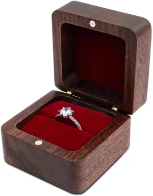 Wooden Ring Box, Square Wedding Holder With Single Slot, Retro Engagement Proposal Box for Ceremony (Red)