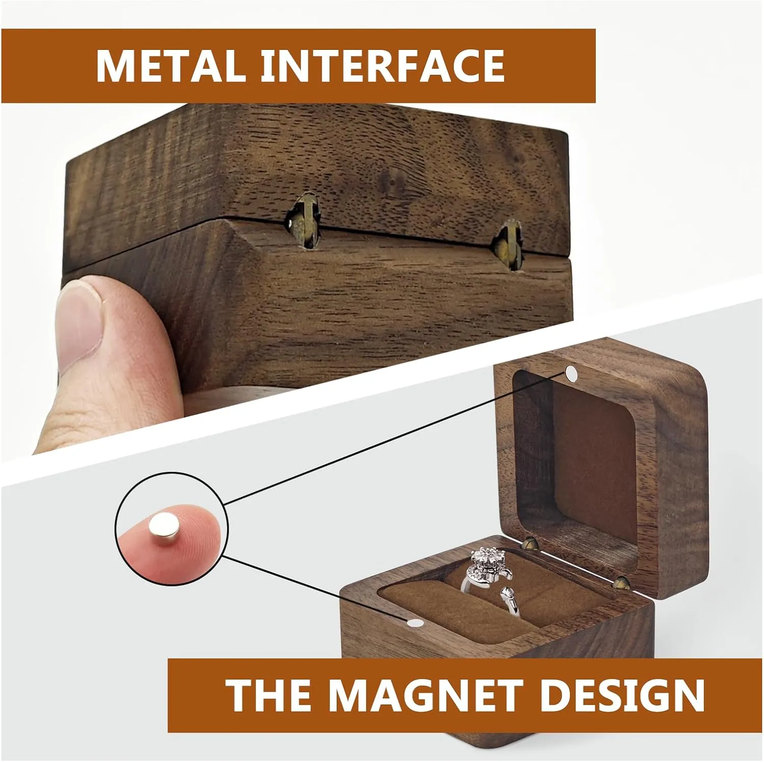 Wooden Ring Holder, Square Retro Engagement Ring Box for Wedding & Proposal (Brown)