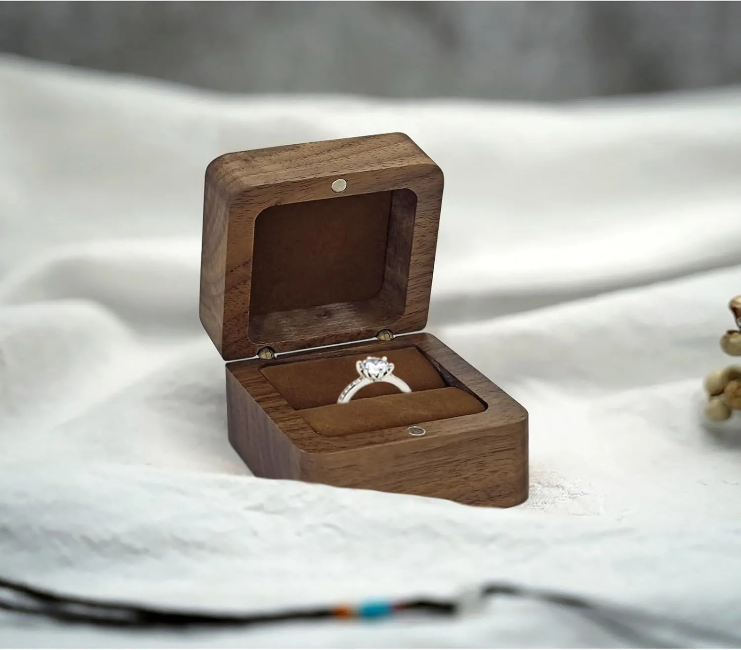 Wooden Ring Holder, Square Retro Engagement Ring Box for Wedding & Proposal (Brown)