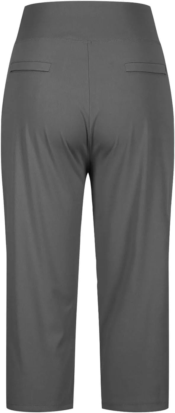 Work Pants Women Elastic Waist Summer Pants for Women with Pockets Button Casual Straight Leg Pull On Capri Trousers
