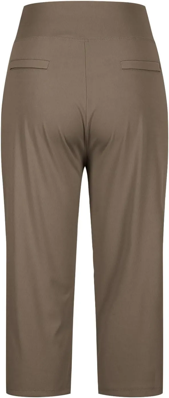 Work Pants Women Elastic Waist Summer Pants for Women with Pockets Button Casual Straight Leg Pull On Capri Trousers